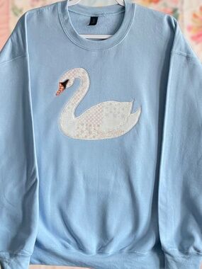 Swan Patchwork Large Light Blue Embroidered Crewneck Sweatshirt